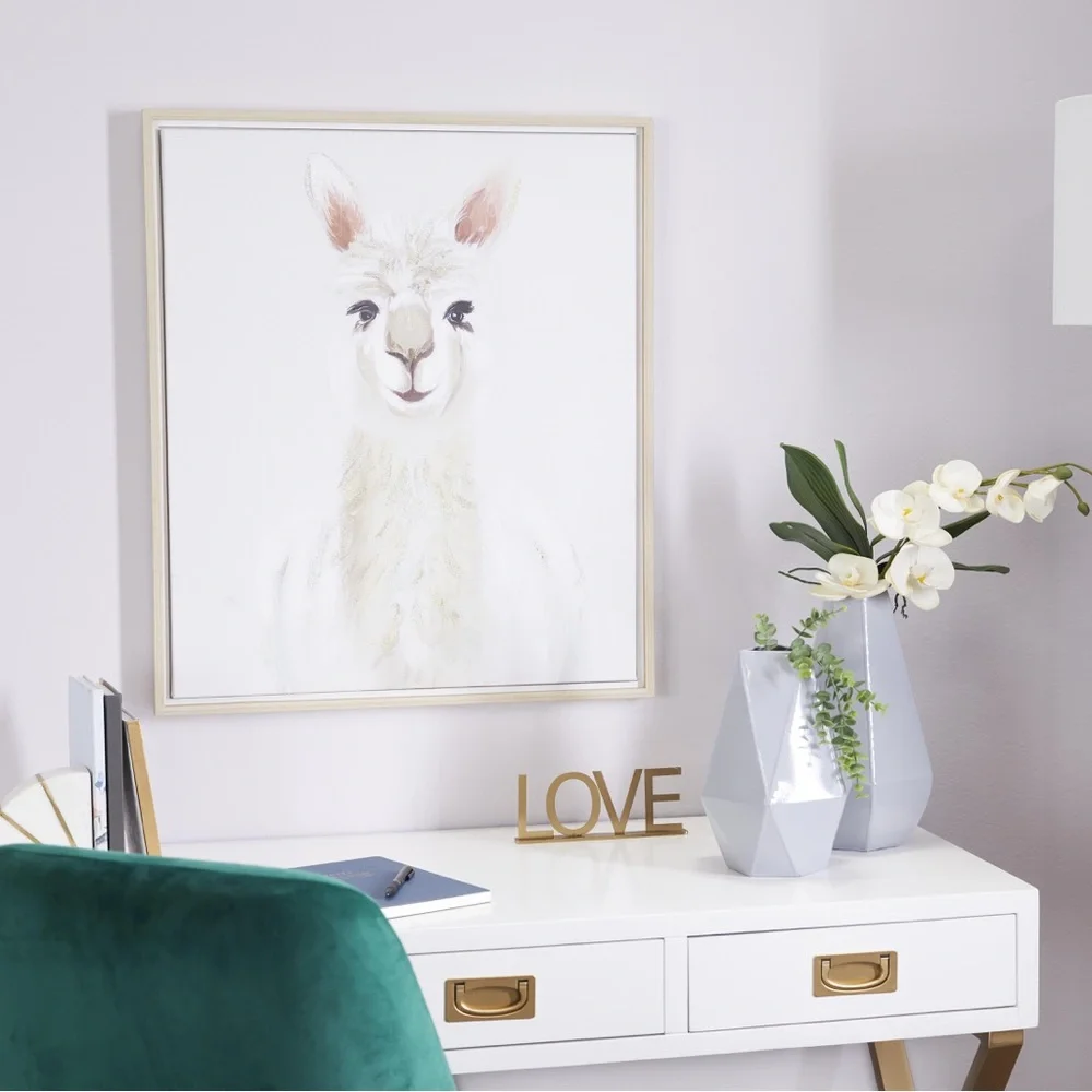 CosmoLiving Llama Framed Canvas Wall Art 24x28 White French Country Decor New‎
